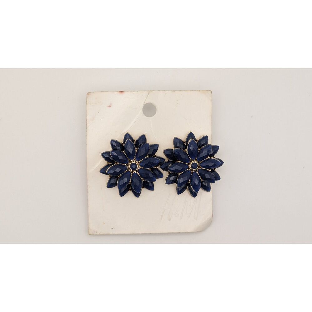 H&M Statement Earrings – Navy Blue Flower Floral Design – Bold Costume Jewelry